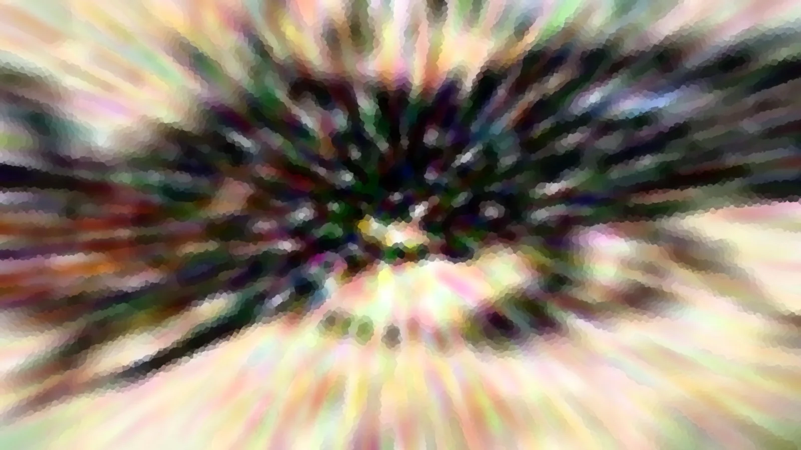 Abstrakte Farbstrahlen laufen von einem dunklen Zentrum radial nach außen, in Pastelltönen und mit mosaikartiger Pixelstruktur.