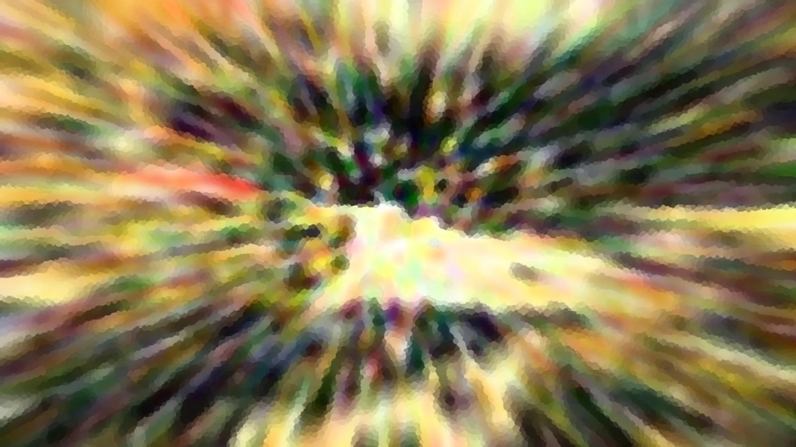 Abstrakte Komposition aus radial von der Mitte nach außen laufenden, verwischten Streifen in Grün, Gelb, Rot und Weiß, mit mosaikartiger Körnung.