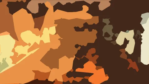 Abstrakte Komposition aus unregelmäßigen, flächigen Formen in Orange, Braun, Ocker und Creme auf dunklem Grund.