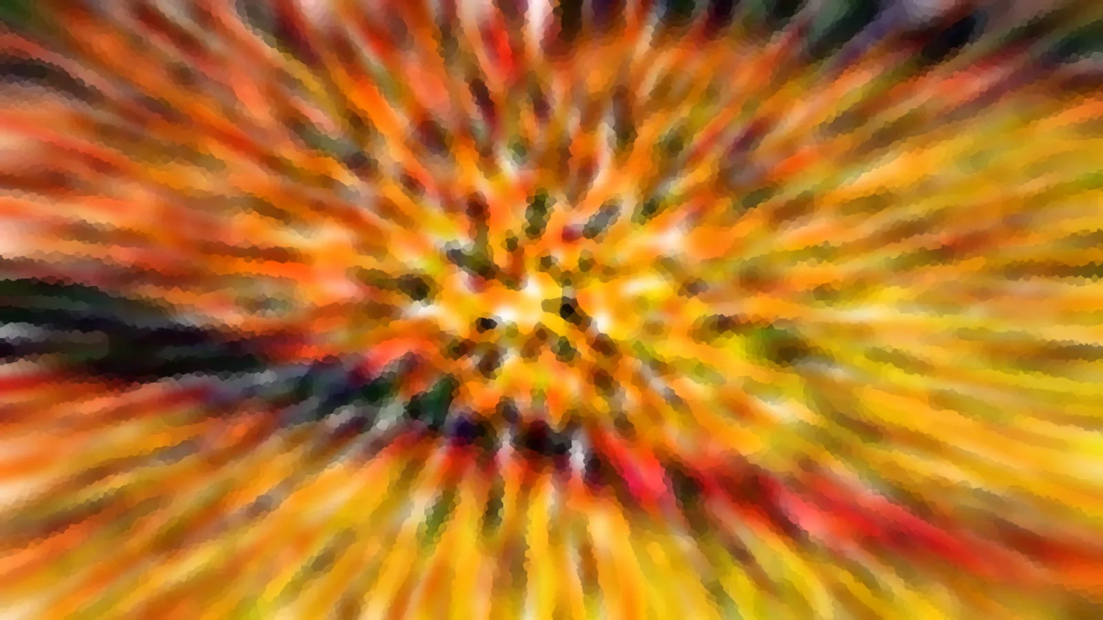 Abstrakte Komposition aus orangen, gelben, roten und grünen Schlieren, die von einem hellen Zentrum radial nach außen laufen und stark verwischt wirken.