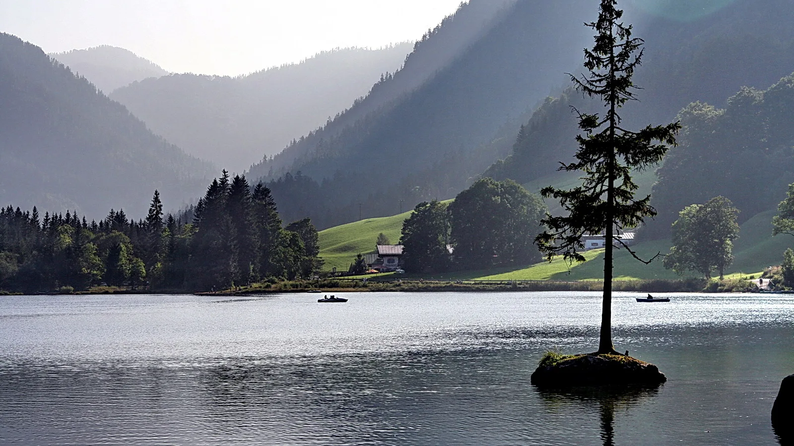 Einzelne Fichte auf einer kleinen bemoosten Felsinsel in einem ruhigen Bergsee, dahinter bewaldete Hänge, grüne Wiesen und ein einzelnes Haus.