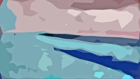 Abstraktes Gemälde aus flachen, kantigen Formen in Rosa, Hellblau, Türkis und tiefem Blau, mit einem dunklen Streifen im oberen Drittel.