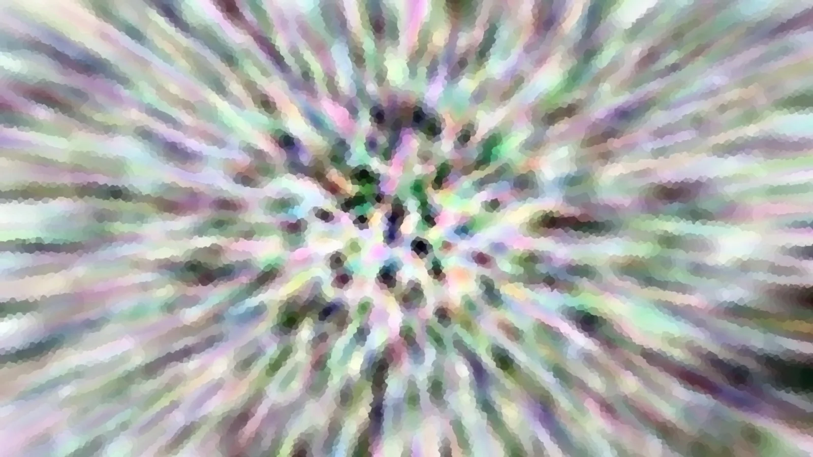 Abstraktes Muster aus pastellfarbenen Streifen, die von einem dunklen Punktzentrum radial nach außen laufen und mosaikartig gepixelt sind.