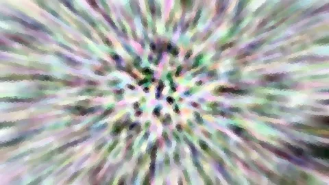 Abstraktes Muster aus pastellfarbenen Streifen, die von einem dunklen Punktzentrum radial nach außen laufen und mosaikartig gepixelt sind.