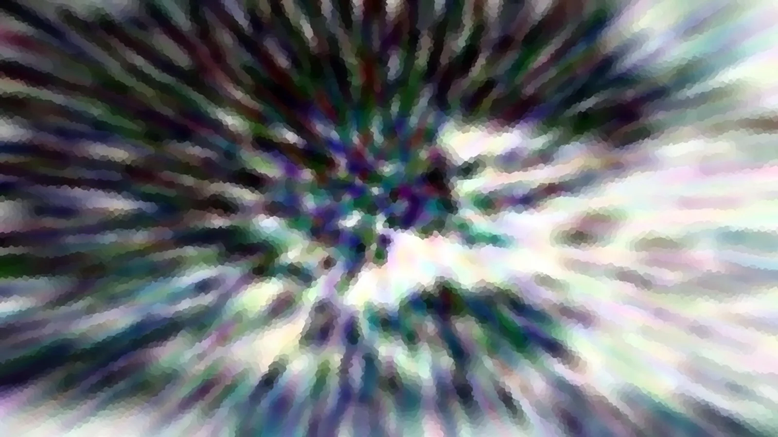Abstraktes Bild mit bunten, strahlenförmig von einem Zentrum ausgehenden Schlieren in Grün, Violett und Weiß, körnig pixelig.