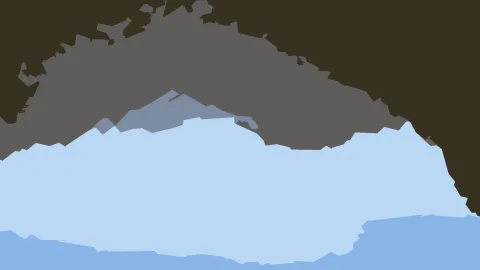 Abstrakte Komposition aus flachen Flächen in Dunkelbraun, Grau und Hellblau, die an Berge und einen Himmel erinnert.