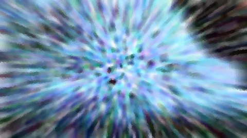 Abstrakte Komposition mit radial von der Mitte ausgehenden Streifen in Blau, Türkis, Violett und Grün, dunkle Flecken im Zentrum, an den Rändern verwischt.