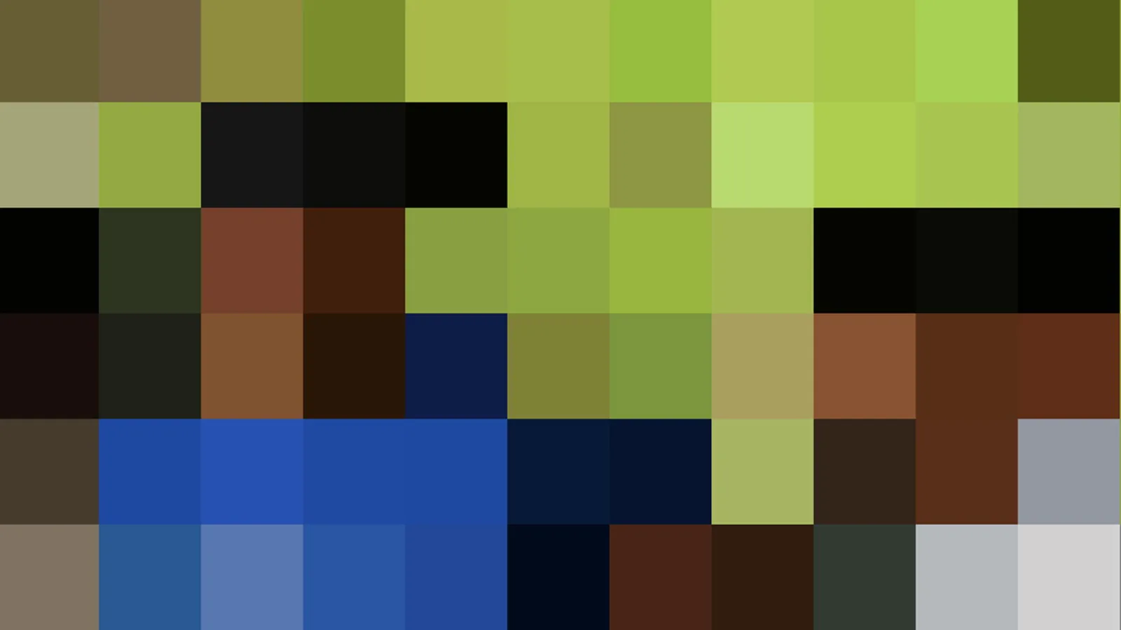 Abstraktes Mosaik aus quadratischen Pixelblöcken in Grün, Schwarz, Braun, Blau und Grau.