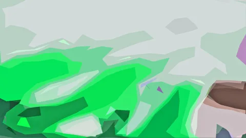 Abstrakte Komposition aus grünen, grauen und lila kantigen Flächen, rechts unten ein braunes Feld.