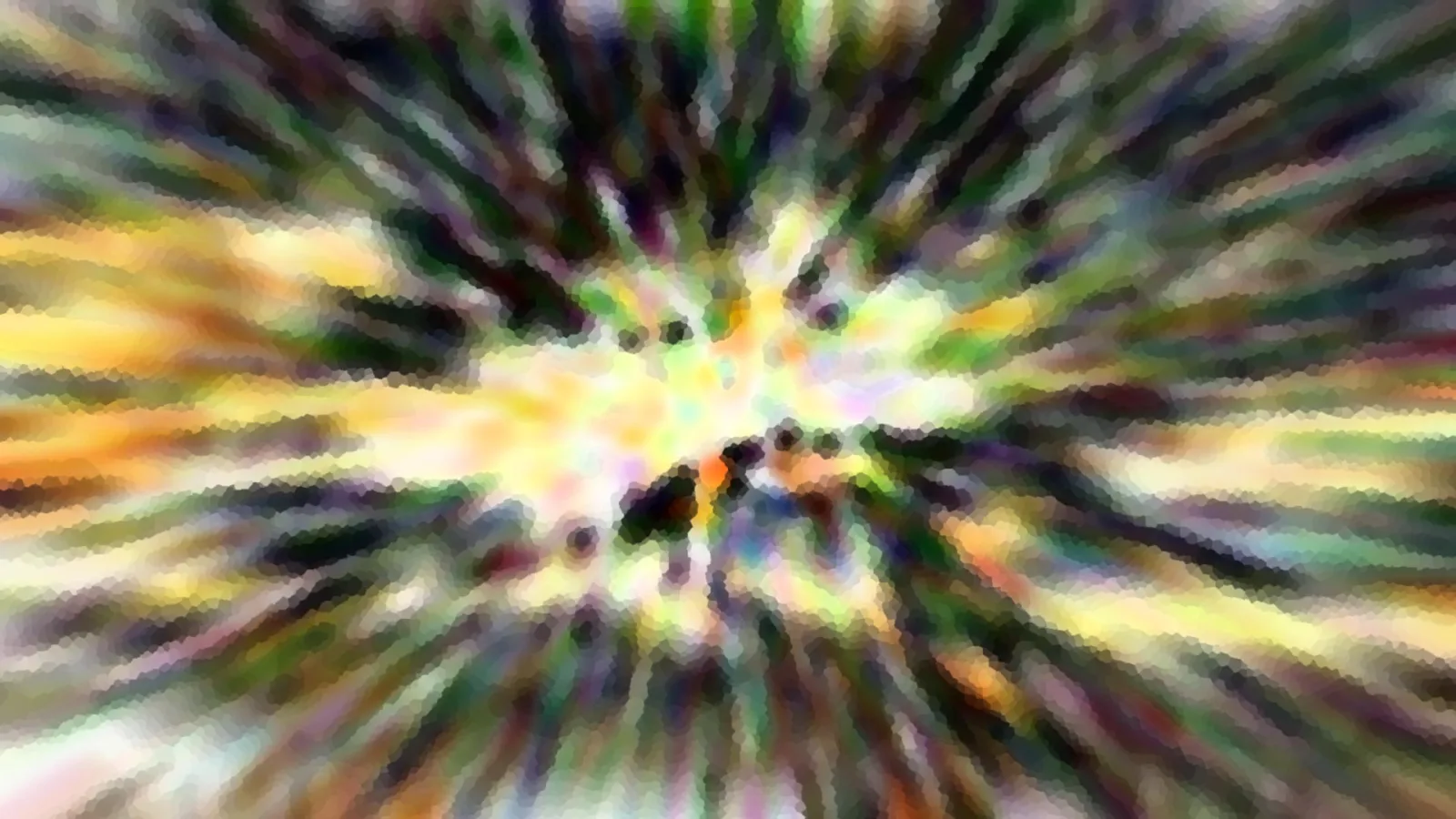 Abstrakte Komposition aus Farbstreifen, die von einem hellen Zentrum radial nach außen laufen, mit grobem Mosaikraster in Gelb, Grün, Violett und dunklen Flecken.