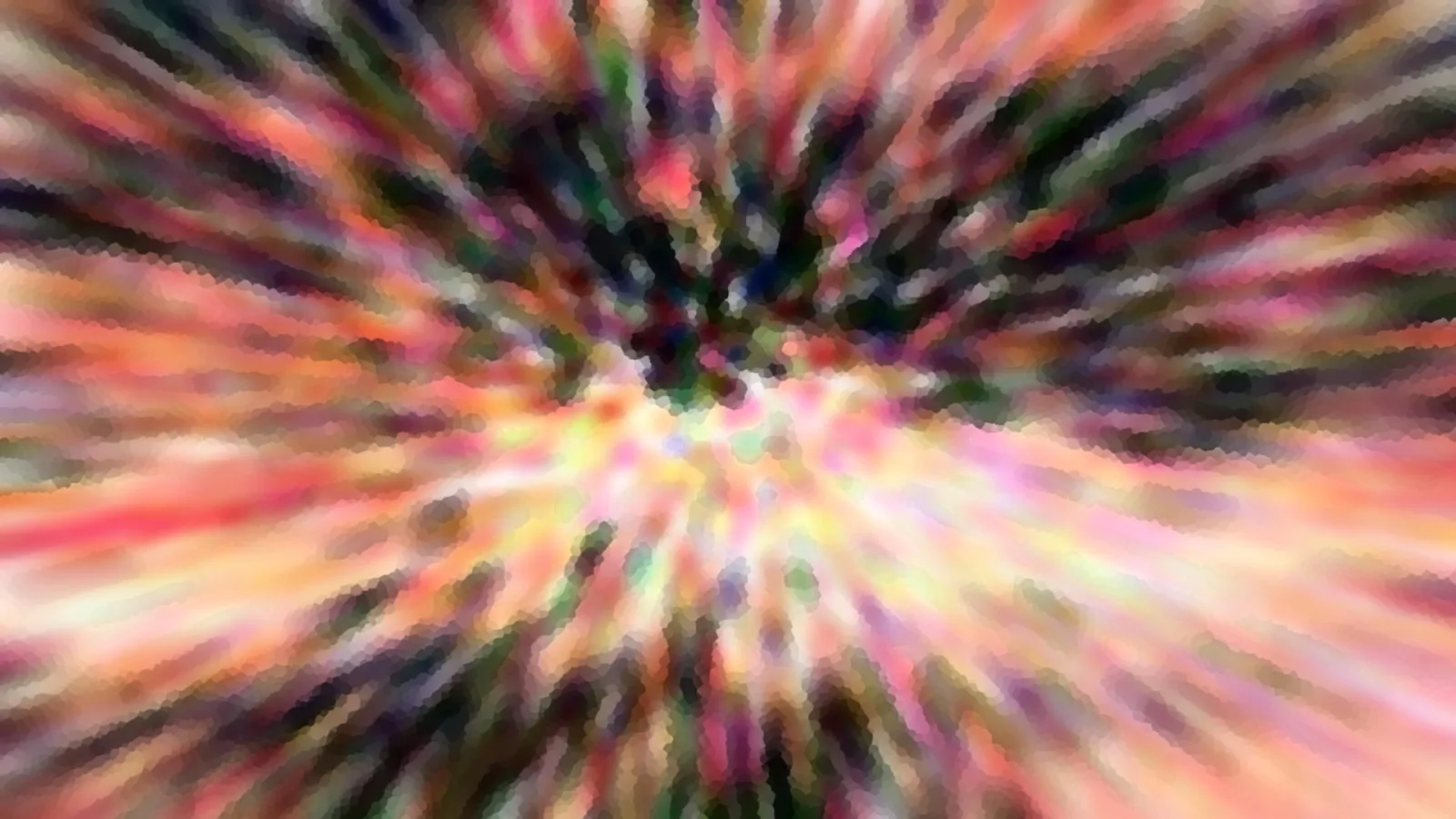 Abstrakte Komposition aus rosa, orangen und grünen Streifen, die vom dunklen Zentrum radial nach außen laufen.