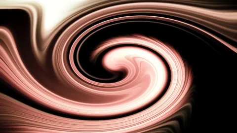 Abstrakter Strudel aus glänzenden rosafarbenen und cremeweißen Schlieren, die sich von einem hellen Zentrum spiralförmig nach außen ziehen, vor schwarzem Hintergrund.