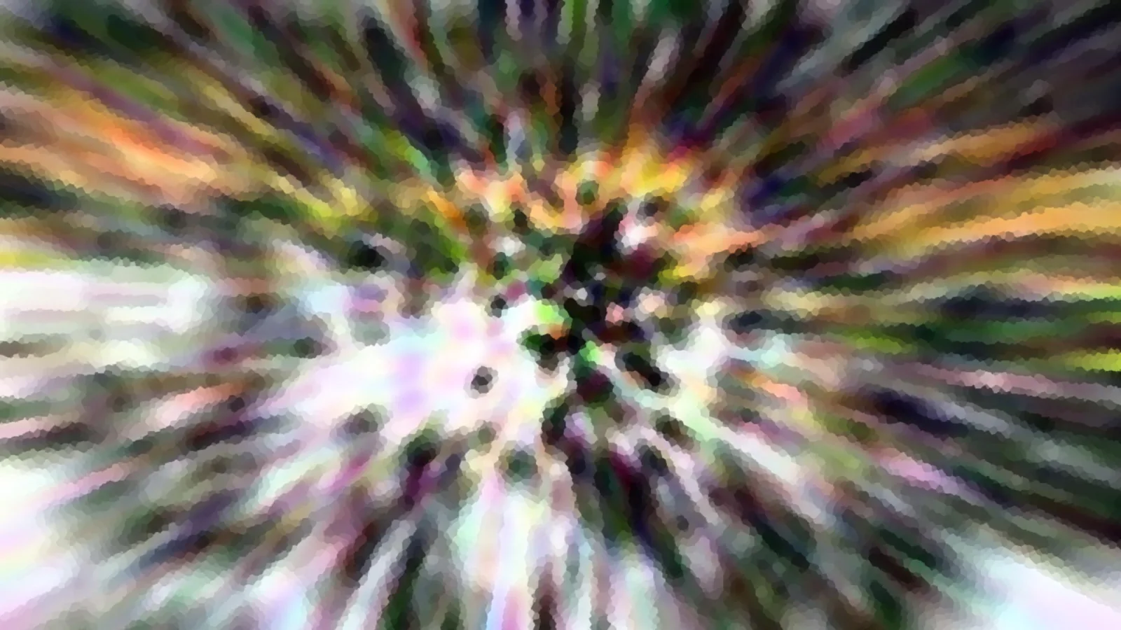 Abstrakte Komposition aus bunten Farbstreifen, die von einem dunklen Zentrum in der Bildmitte radial nach außen laufen, in Grün, Orange, Rosa und Weiß, mit mosaikartiger Körnung.