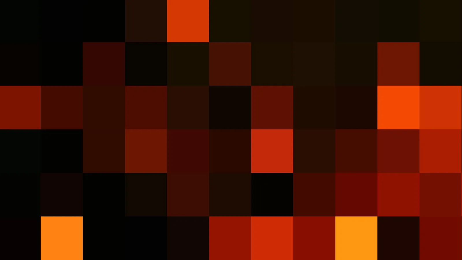Abstraktes Raster aus quadratischen Pixelfeldern in Schwarz, Dunkelbraun, Rot und Orange, die Farbtöne wechseln von fast schwarz bis leuchtend orange.
