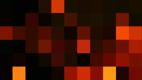 Abstraktes Raster aus quadratischen Pixelfeldern in Schwarz, Dunkelbraun, Rot und Orange, die Farbtöne wechseln von fast schwarz bis leuchtend orange.