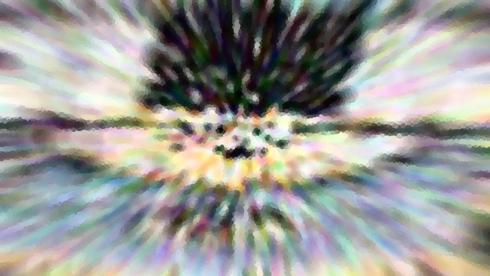 Abstrakte, pixelige Komposition mit radialem Zoomeffekt in Pastellfarben, im Zentrum eine dunkle, baumartige Form vor hellem Hintergrund.