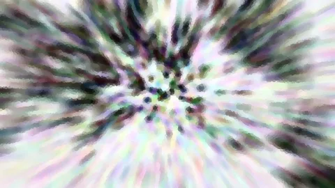 Abstrakte Komposition aus radial verwischten Streifen in Weiß, Grün, Lila und Schwarz, in der Mitte ein Kreis aus dunklen Punkten.