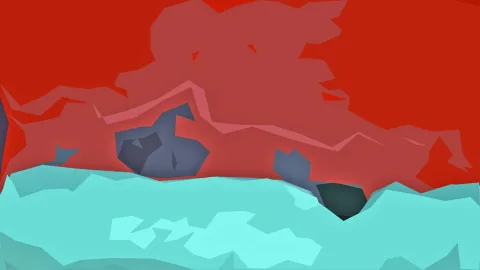 Abstrakte Low-Poly-Landschaft mit rotem Himmel, grauen Felsen und türkisfarbenem Untergrund im unteren Bereich