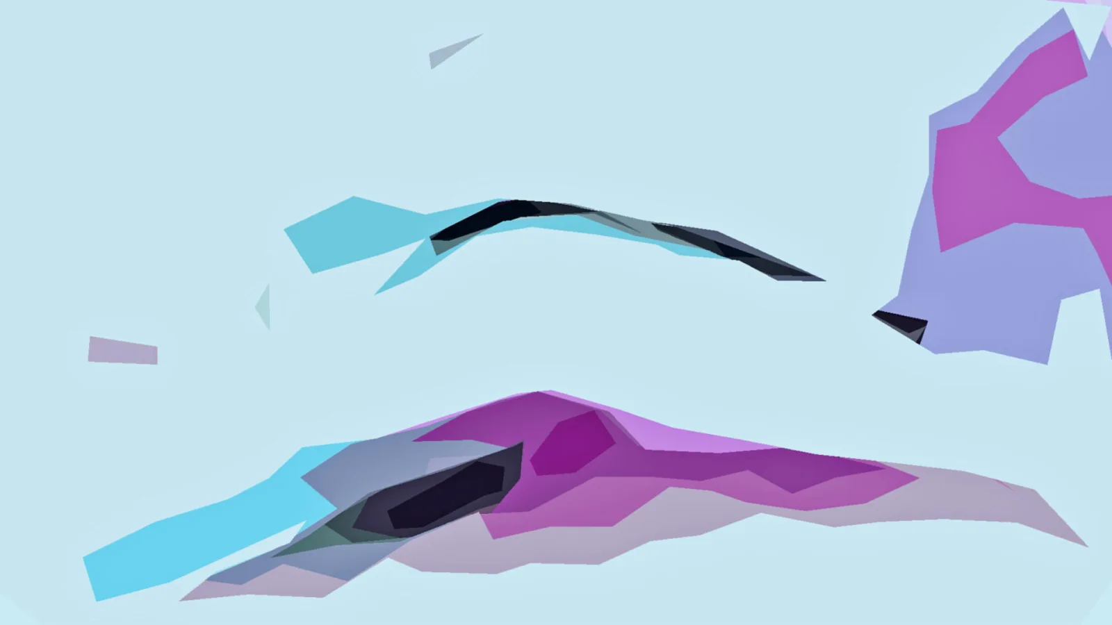 Abstrakte, kantige Formen in Türkis, Magenta und Violett auf hellblauem Hintergrund.