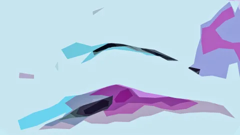 Abstrakte, kantige Formen in Türkis, Magenta und Violett auf hellblauem Hintergrund.