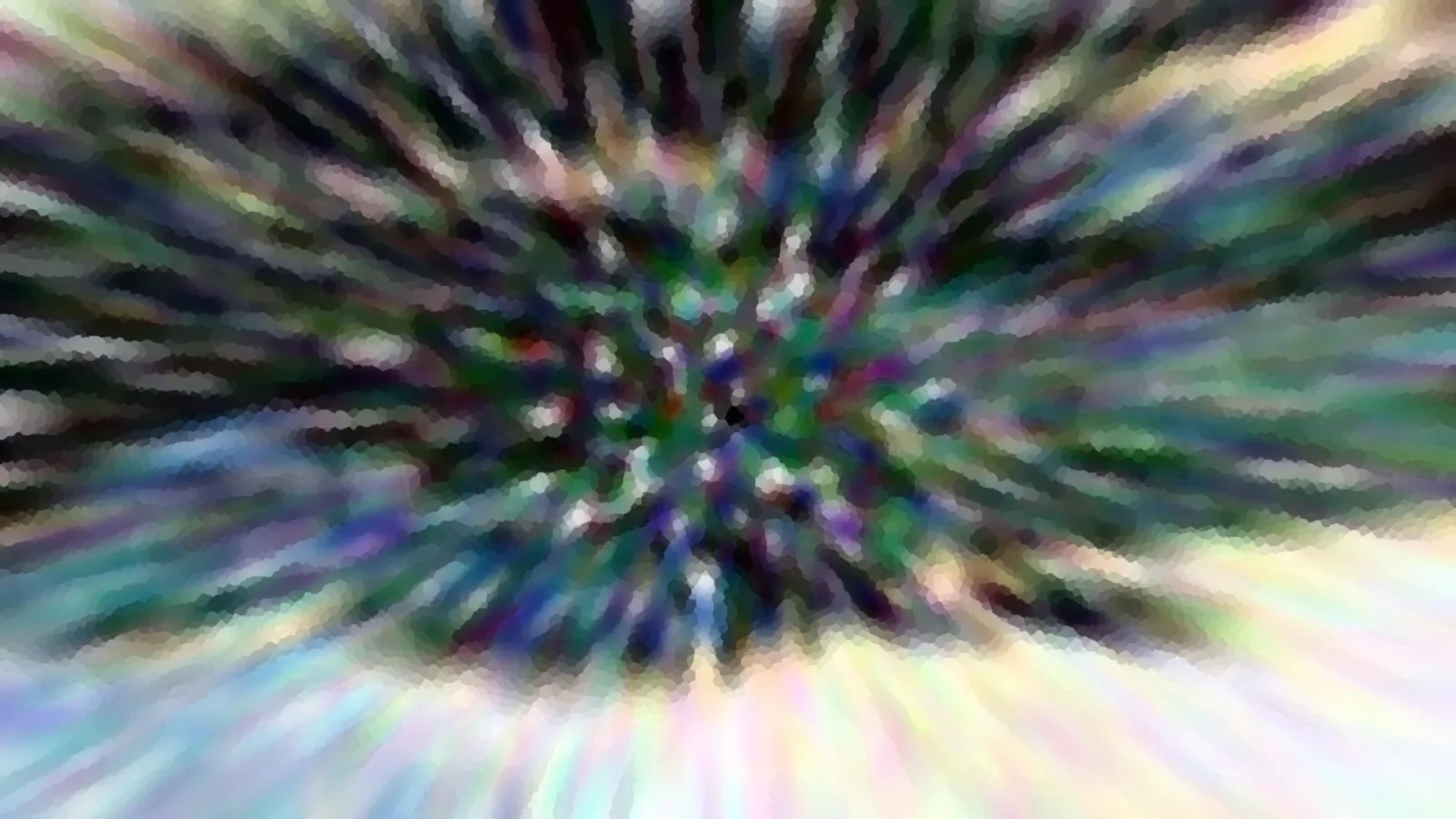 Abstrakte Komposition aus bunten Streifen, die radial von einem dunklen Zentrum nach außen laufen, mit mosaikartiger Pixelstruktur.