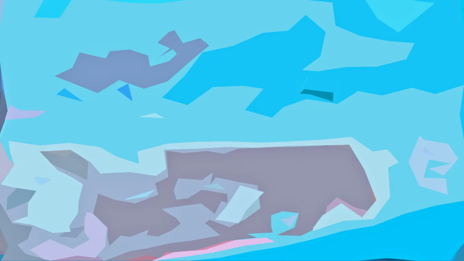 Abstraktes Bild aus flachen, eckigen Formen in Hellblau, Blau und Grau, unten mit rosa Akzenten.