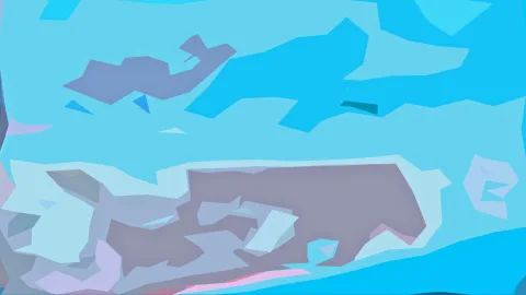 Abstraktes Bild aus flachen, eckigen Formen in Hellblau, Blau und Grau, unten mit rosa Akzenten.