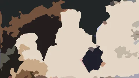 Abstrakte Komposition aus unregelmäßigen, flach eingefärbten Flächen in Creme, Braun, Dunkelgrün und Marineblau.