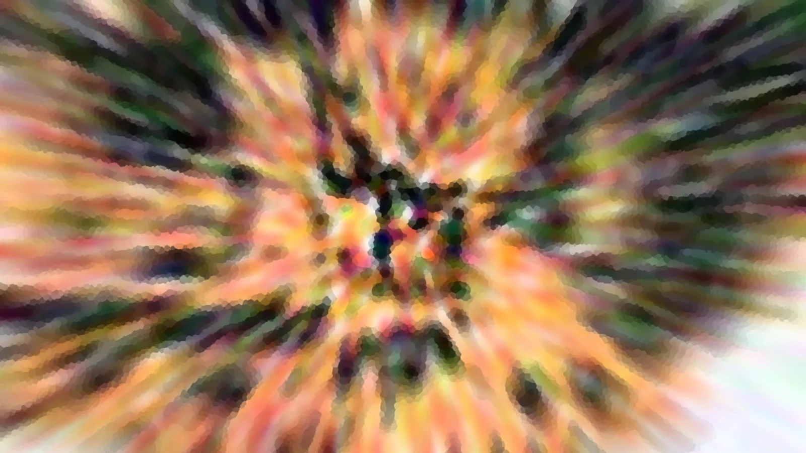 Abstraktes Bild mit radial von der Mitte nach außen laufenden Streifen in Orange, Grün, Rosa und Dunkelblau, im Zentrum ein dunkler Knoten.
