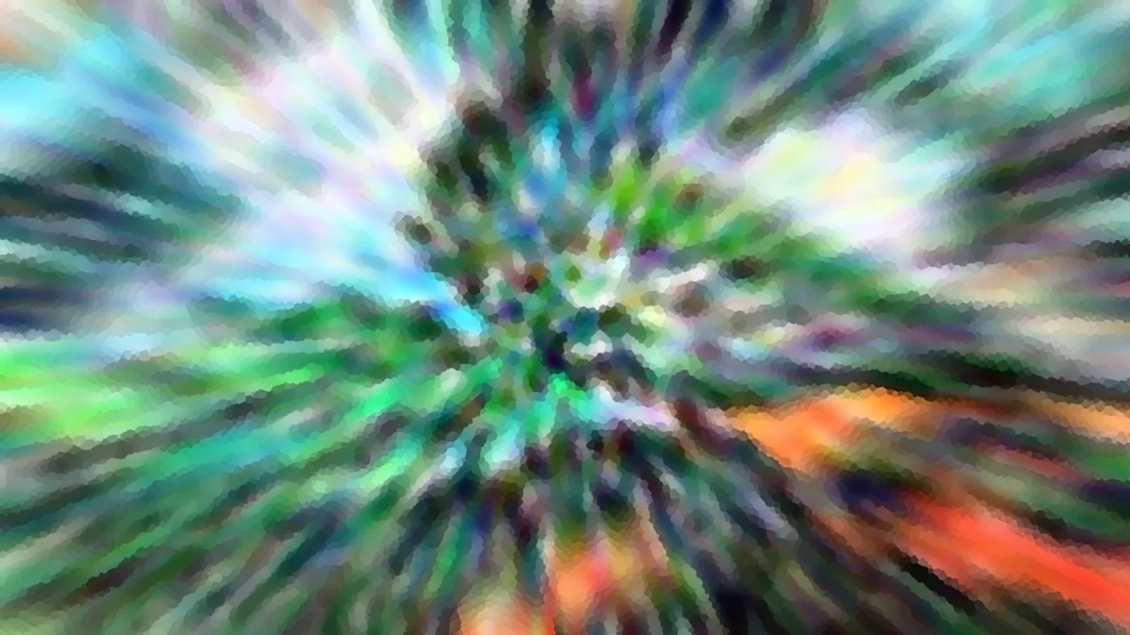 Abstrakte Komposition aus grünen, blauen und orangefarbenen Farbschlieren, die von der Mitte radial nach außen strahlen.