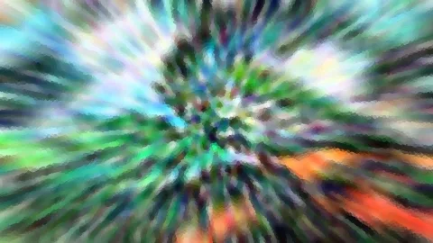 Abstrakte Komposition aus grünen, blauen und orangefarbenen Farbschlieren, die von der Mitte radial nach außen strahlen.