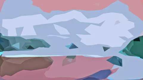Abstrakte, geometrische Landschaft mit rosafarbenen Flächen oben und unten, hellblauen Wolkenformen in der Mitte und dunkelgrünen und türkisen Dreiecksformen an den Seiten.