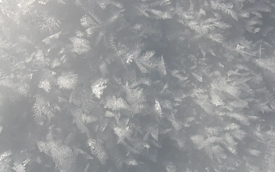 Feine Eiskristalle bedecken eine graue Fläche und glitzern leicht im Licht.