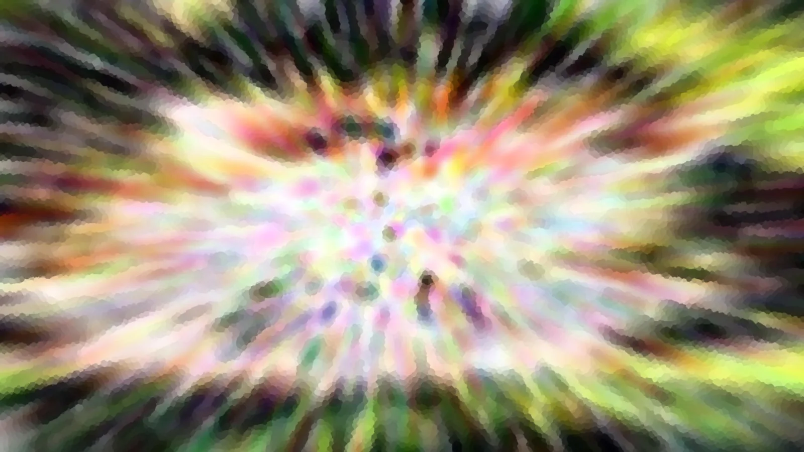 Abstrakte Komposition aus bunten, radial nach außen laufenden Farbstreifen in Regenbogentönen mit dunklen Punkten nahe der Mitte.