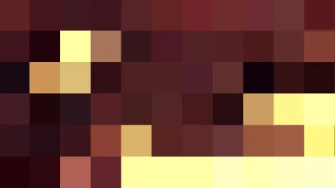 Quadratisches Pixelmosaik aus dunkelroten, braunen und gelben Blöcken in sechs Reihen