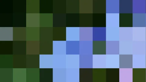 Rechteckiges Raster aus farbigen Pixelblöcken: dunkle Grüntöne links oben, helle Blautöne in der Mitte und rechts, vereinzelt violette und olivgrüne Felder.