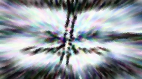 Abstraktes Bild mit radialen, pastellfarbenen Streifen, die von einem dunklen, verzweigten Zentrum nach außen laufen, mit grober mosaikartiger Textur.