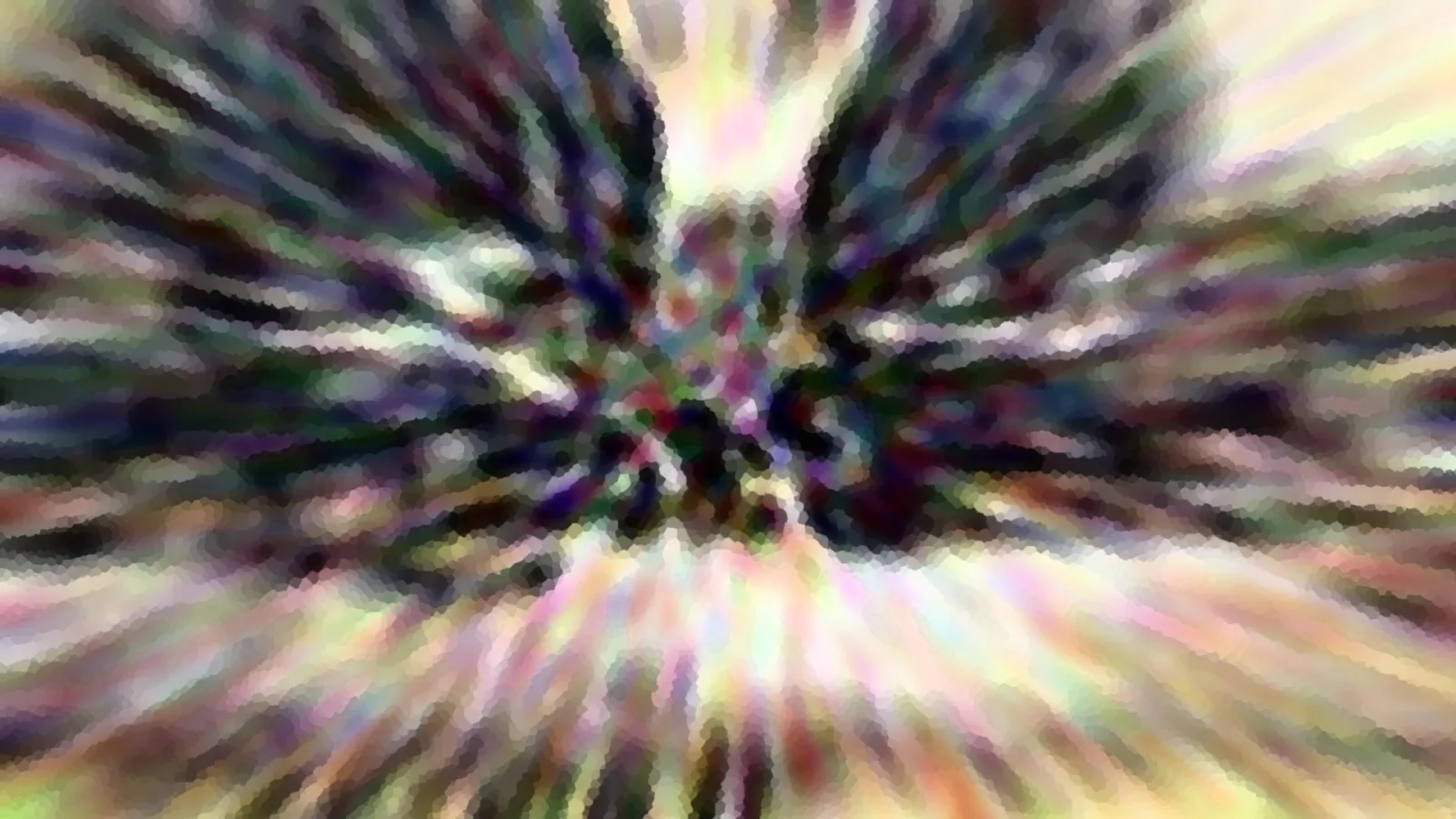 Abstrakte, radial verwischte Farbstreifen in Grün, Violett und Weiß laufen von einem dunklen Zentrum nach außen, mosaikartig gepixelt.