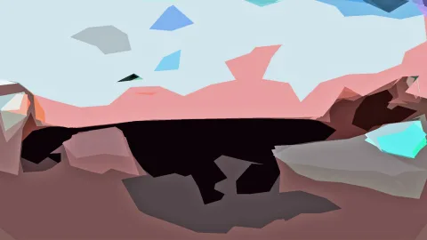 Low-Poly-Landschaft mit rosa Felsrücken, hellblauem Himmel, schwarzer Höhlenöffnung und einzelnen türkisfarbenen und blauen Kristallen