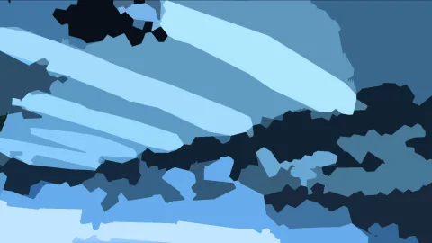 Abstrakte Komposition aus blauen Flächen in verschiedenen Helligkeiten, mit schräg verlaufenden hellen Streifen und dunklen, zackigen Bändern.