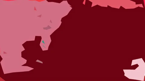 Abstrakte Komposition aus rosa und roten Flächen mit kantigen Rändern auf dunkelrotem Grund, dazu einige kleine türkisfarbene Dreiecke.