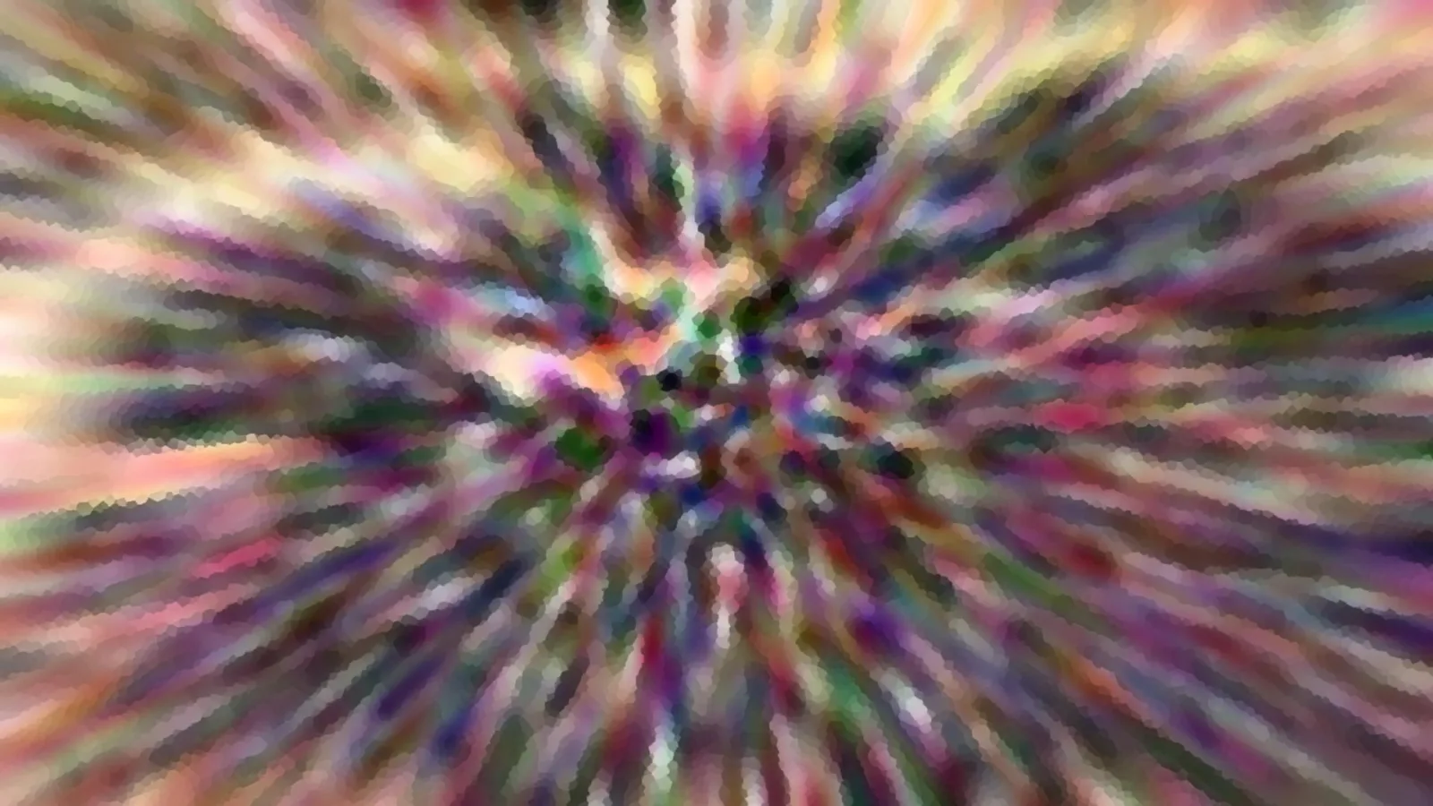 Abstraktes Bild mit bunten, pixeligen Streifen in Lila, Grün, Pink und Gelb, die von einem dunkleren Zentrum in der Mitte nach außen strahlen.