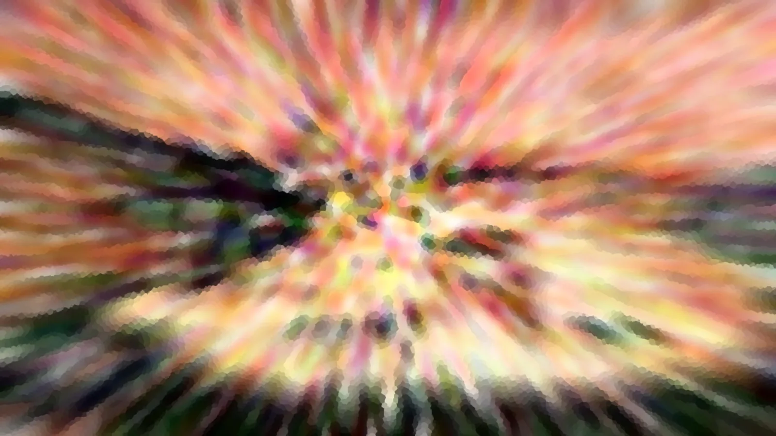 Abstraktes Bild mit radialem Zoomeffekt: bunte Streifen in Pink, Orange und Gelb laufen von einem hellen Zentrum nach außen, am Rand dunkle grüne und violette Flächen.