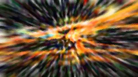 Abstrakte Farbstreifen laufen radial von einem hellen Zentrum aus, in Orange, Grün und Dunkelblau.