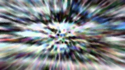 Abstrakte Komposition aus bunten, radial vom Zentrum nach außen laufenden Streifen mit pixeliger Mosaikstruktur