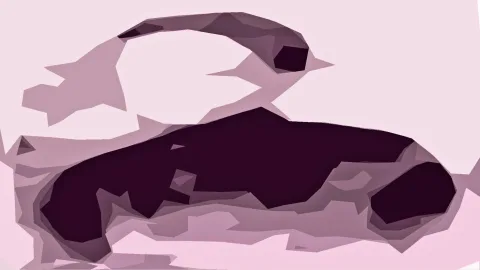 Abstrakte, facettierte Form in Dunkelrosa und Mauve auf hellrosa Grund, mit einer dunklen, gerundeten Masse in der Mitte und einem geschwungenen Element oben links.