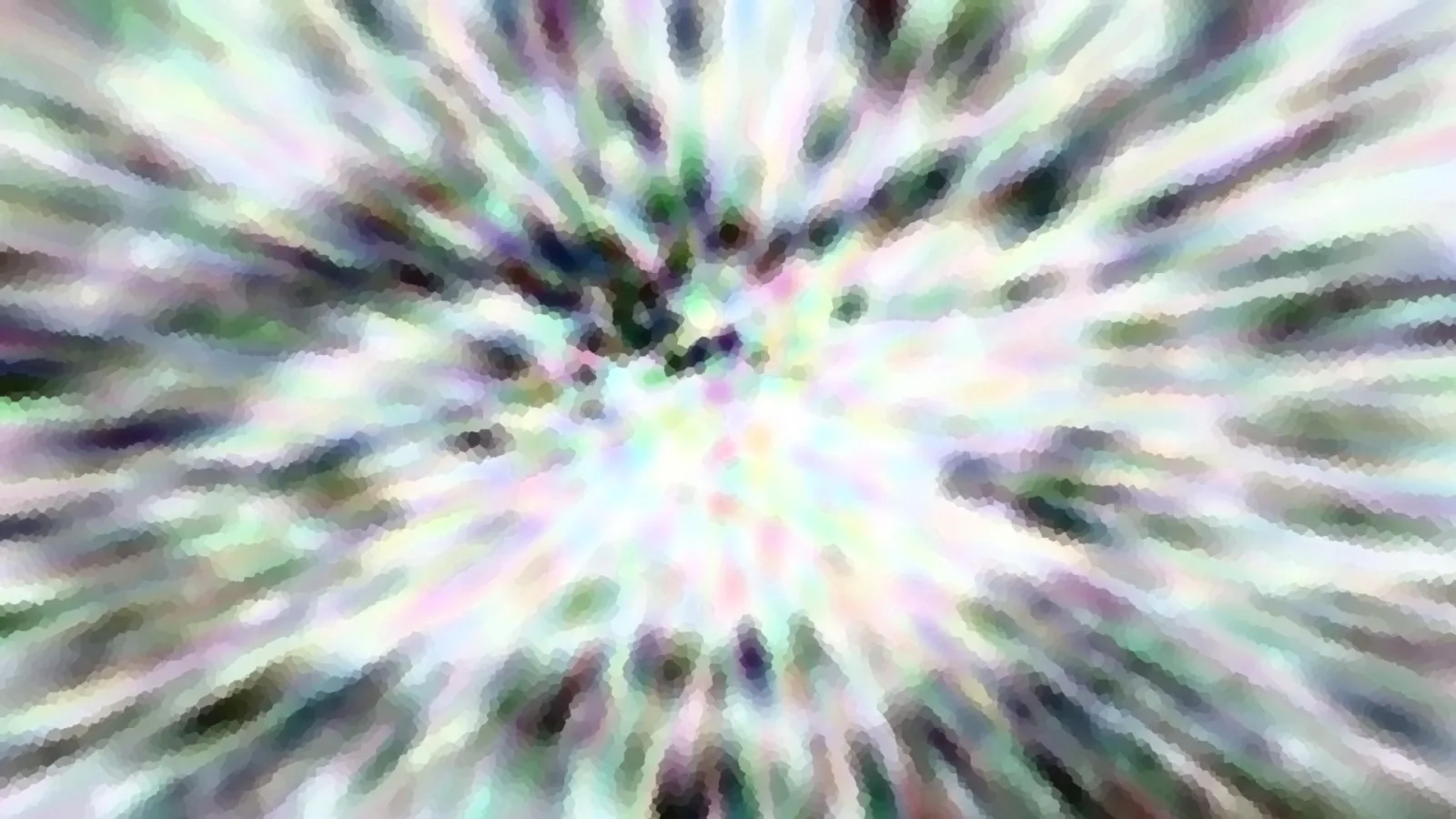 Abstrakte Komposition aus pastellfarbenen Streifen, die vom hellen Zentrum radial nach außen laufen, mit grünen und violetten Akzenten und pixeliger Struktur.