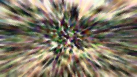 Abstrakte Komposition aus radial verwischten grünen, violetten und gelben Farbflächen mit feinem Mosaikeffekt.