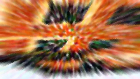 Abstrakte Komposition aus radial verlaufenden orangen, roten und gelben Streifen mit dunklen grünen Flecken um einen hellen Mittelpunkt.