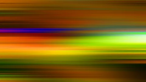 Abstrakte horizontale Bewegungsunschärfe mit orangefarbenen, braunen, gelben und grünen Streifen sowie einer violetten Linie.